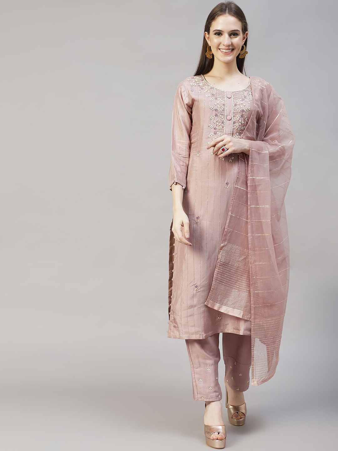 

FASHOR Women Rose Embroidered Chanderi Silk Kurta and Trouser with Dupatta