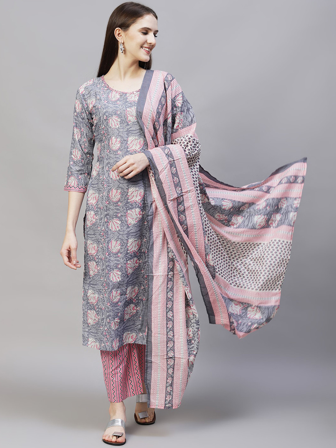 

FASHOR Women Blue Printed Sequinned Pure Cotton Kurta Trouser With Dupatta
