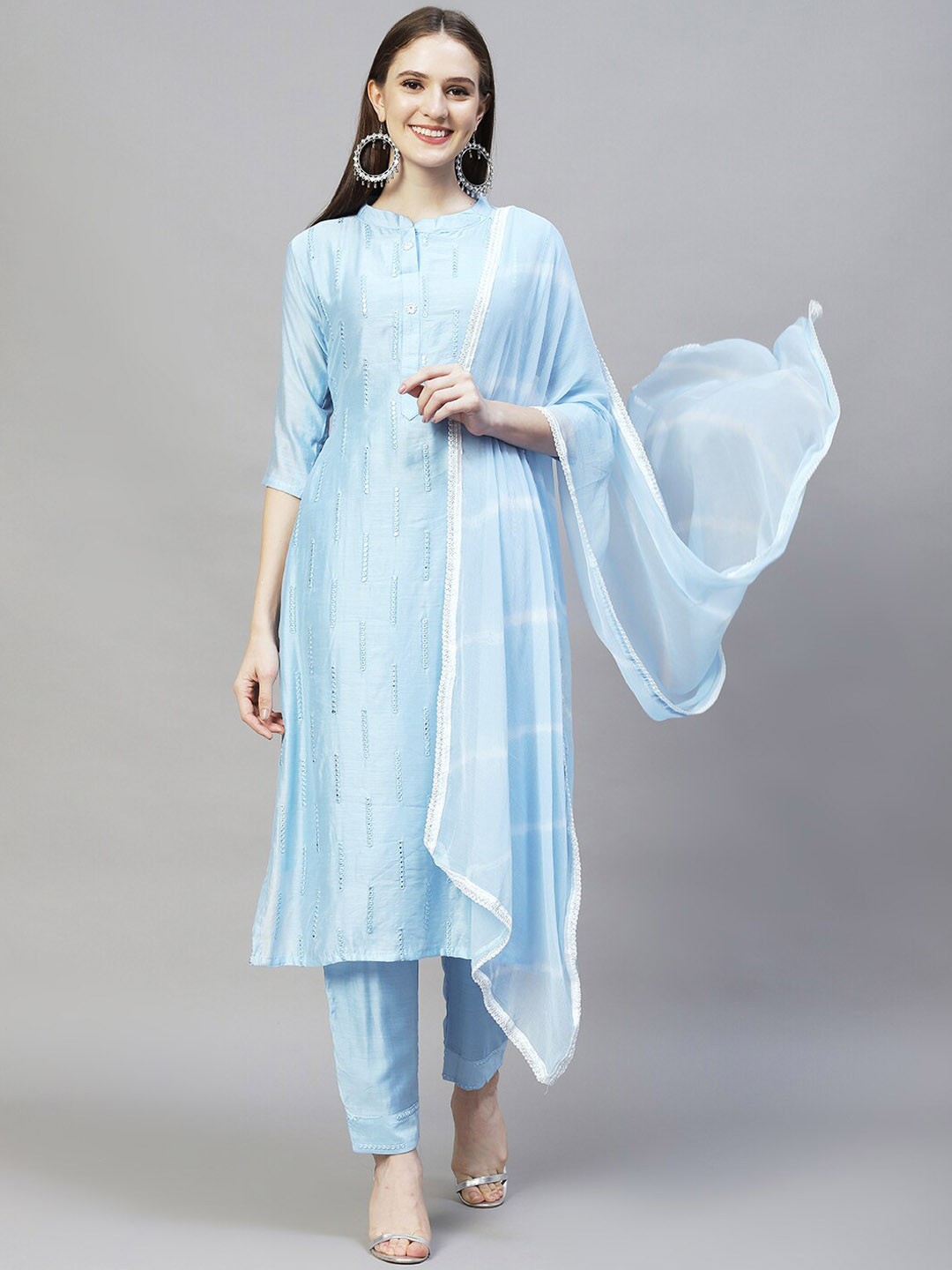 

FASHOR Women Blue Ethnic Motifs Embroidered Mirror Work Chanderi Silk Kurta Set