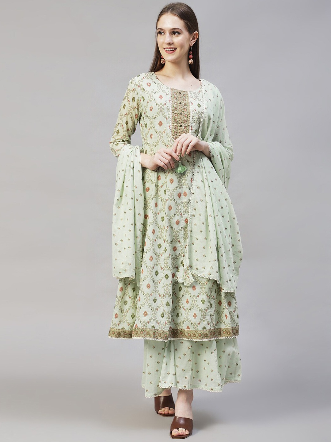 

FASHOR Women Green Floral Printed Kurta with Sharara With Dupatta