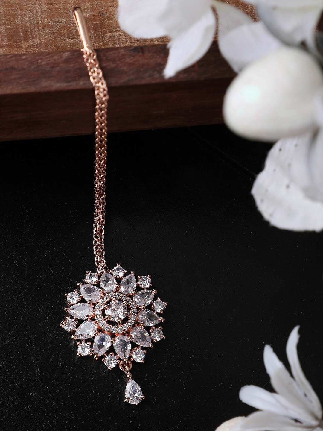 

Bhana Fashion Rose Gold colour White CZ & AD-Studded Maang Tikka