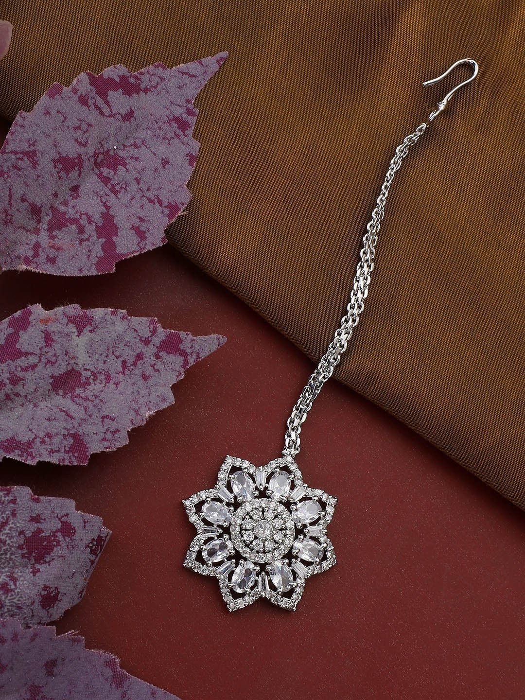 

Bhana Fashion Silver colour White AD-Studded Maang Tikka