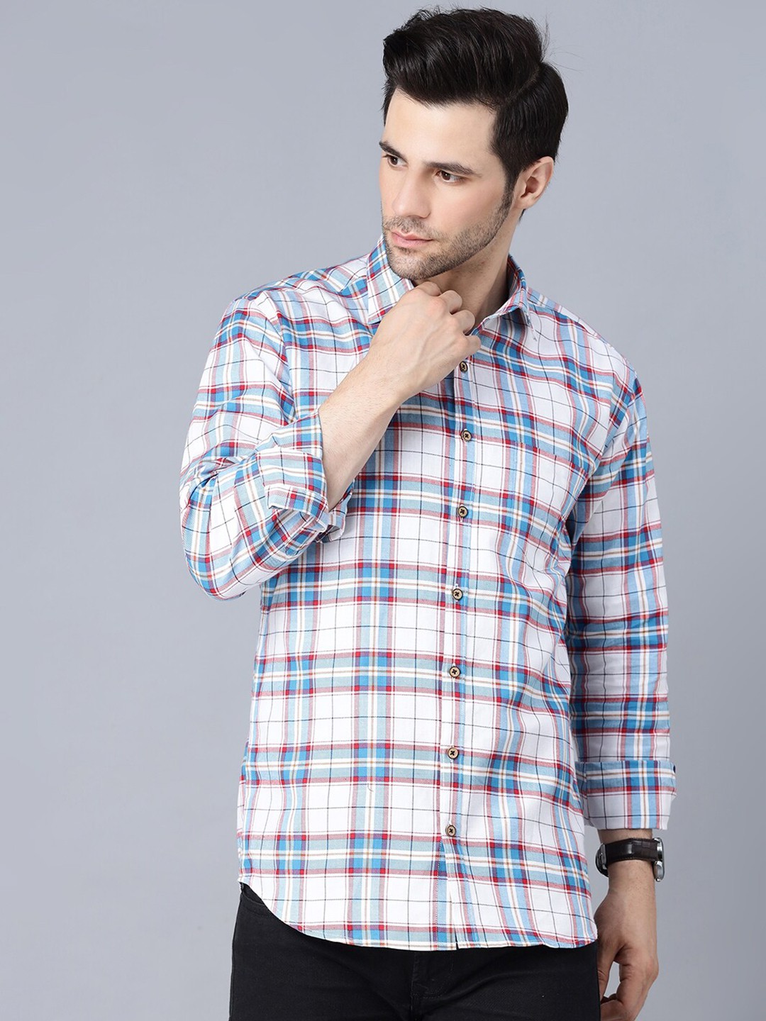 

MR KAMEEJ Men Off White Comfort Tartan Checked Cotton Casual Shirt