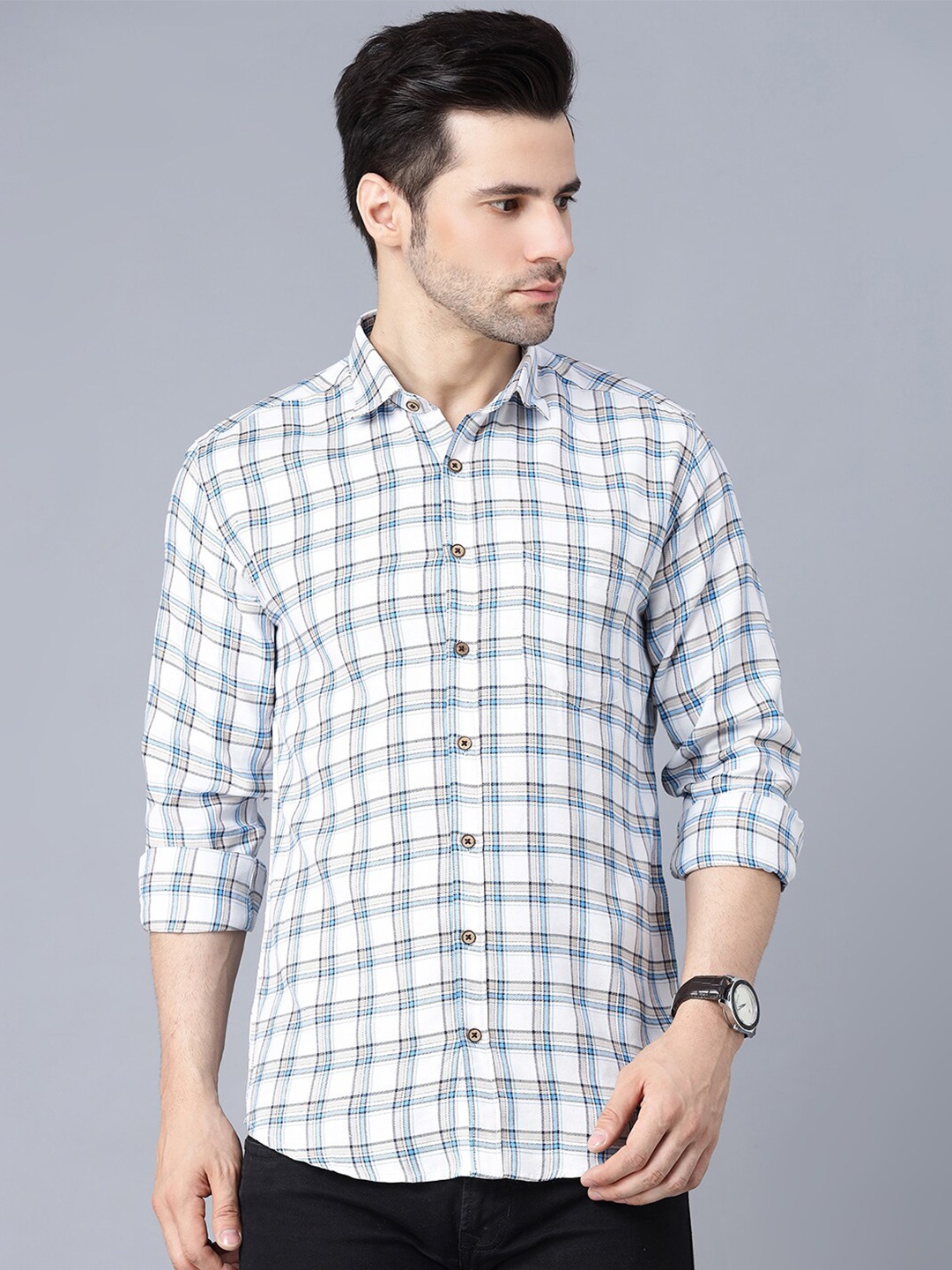 

MR KAMEEJ Men White Comfort Regular Fit Checked Casual Shirt