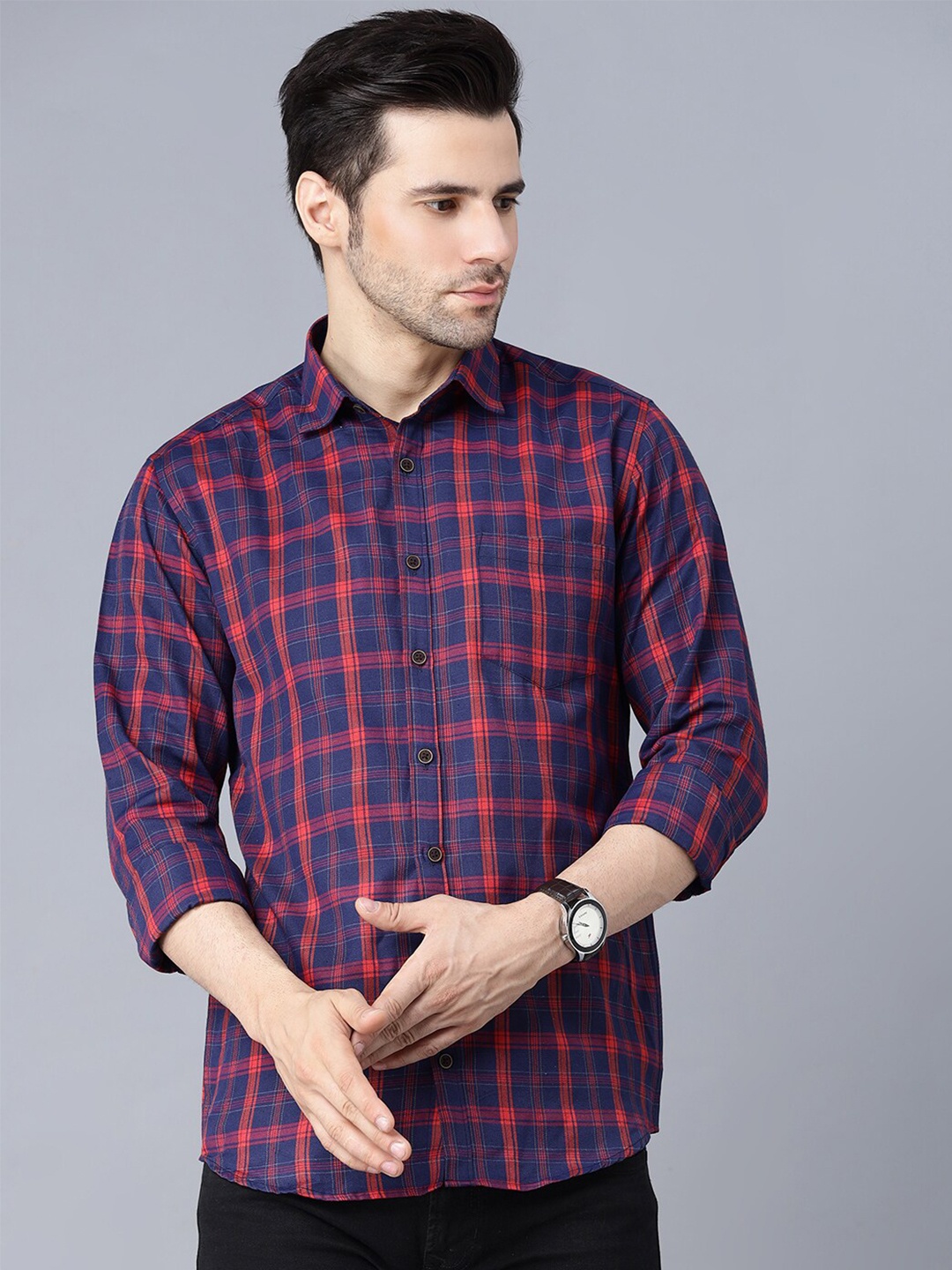 

MR KAMEEJ Men Red Comfort Tartan Checks Cotton Casual Shirt