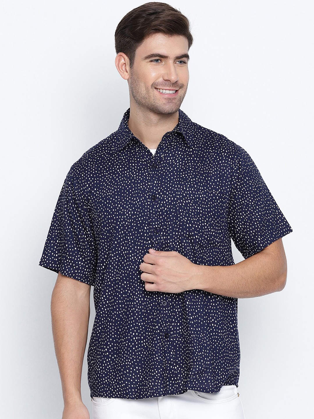 

Oxolloxo Men Navy Blue Classic Floral Semi Sheer Printed Casual Shirt