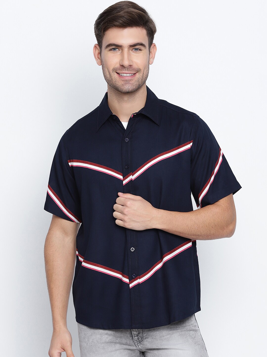 

Oxolloxo Men Navy Blue Classic Semi Sheer Casual Shirt