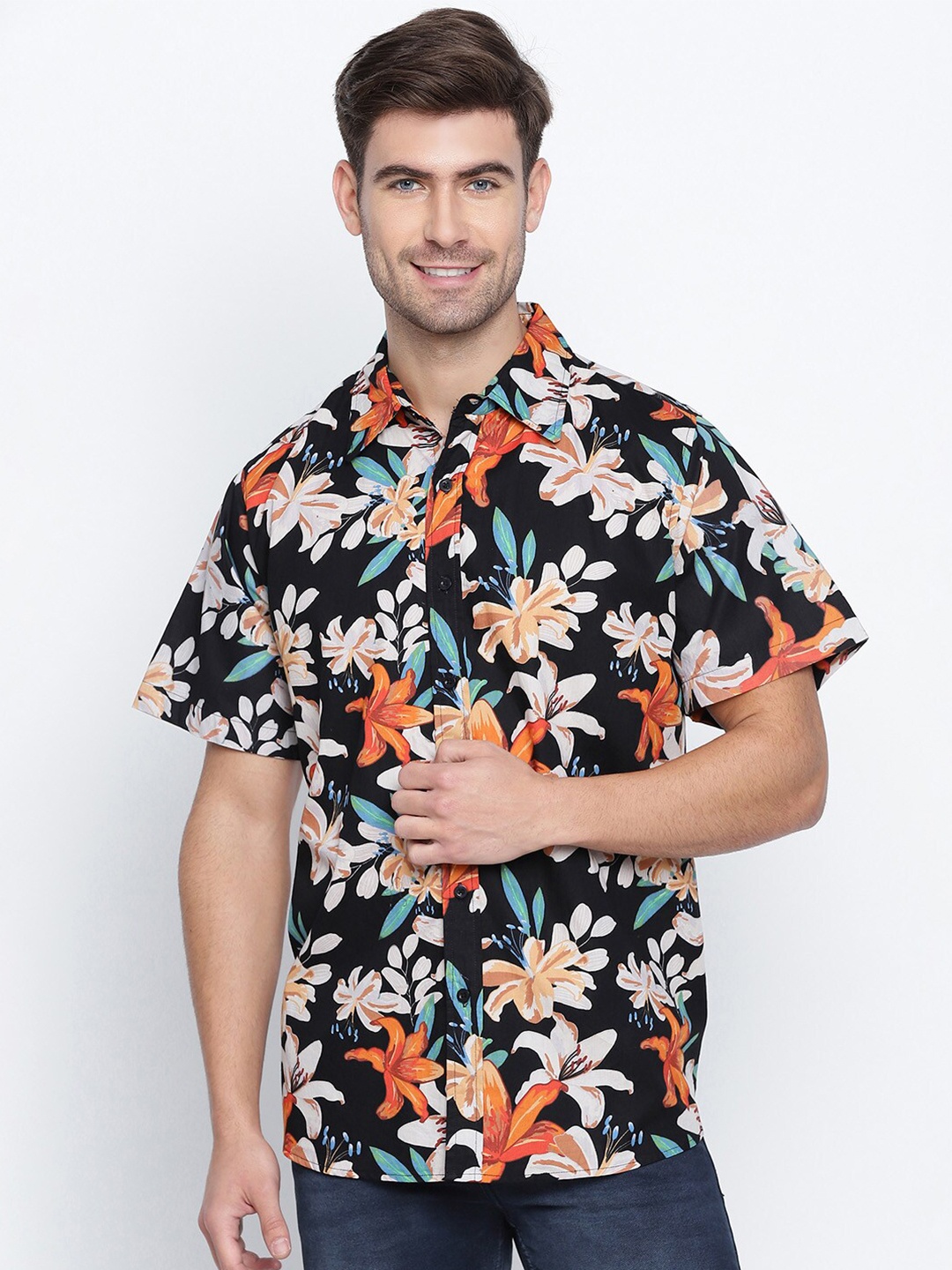 

Oxolloxo Men Black Classic Floral Printed Casual Cotton Shirt