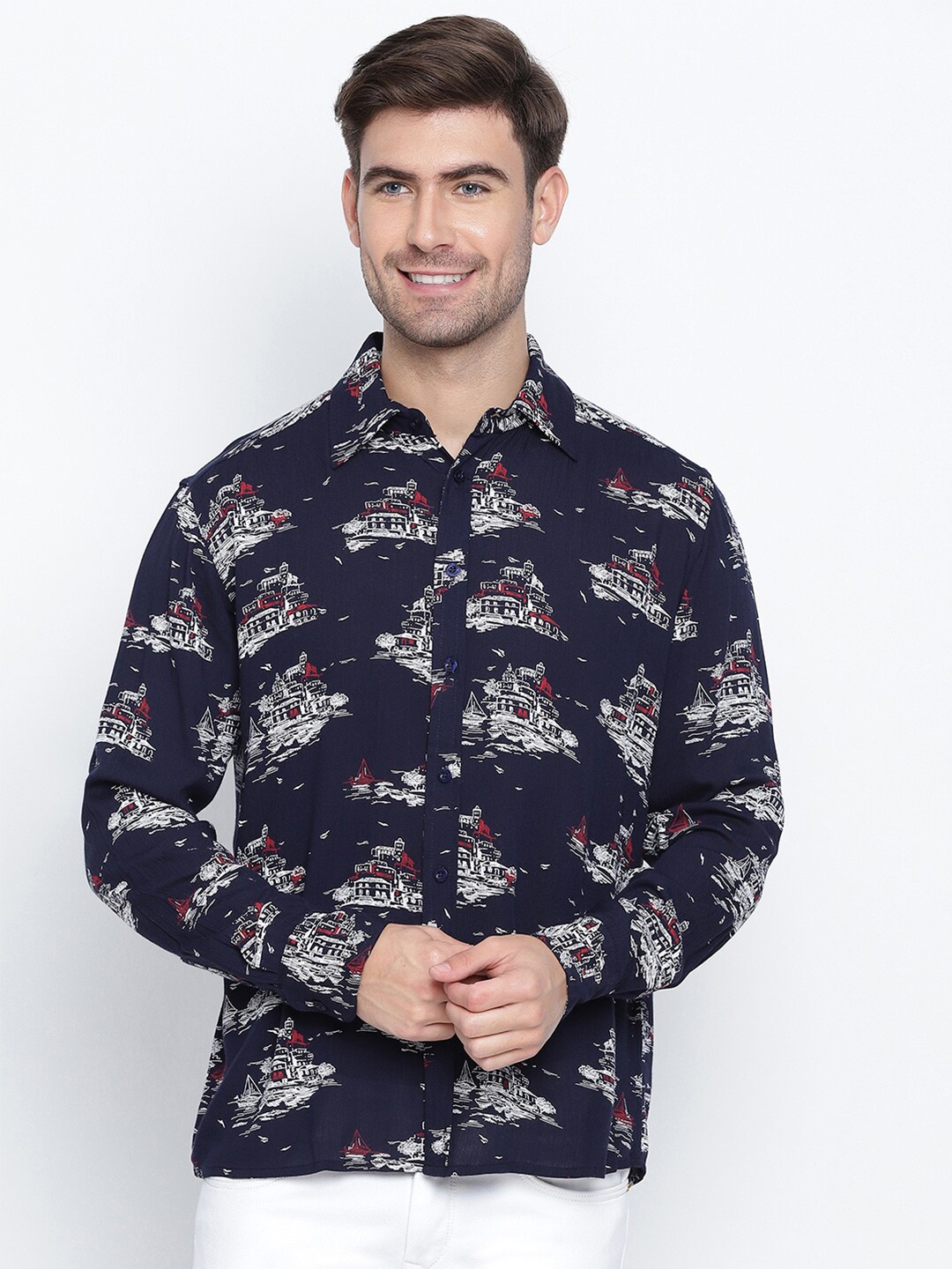 

Oxolloxo Men Navy Blue Classic Floral Semi Sheer Printed Casual Shirt