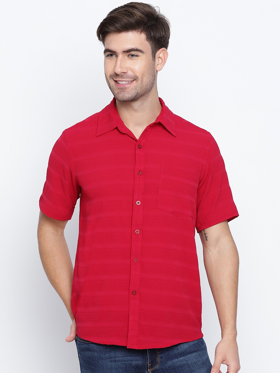 

Oxolloxo Men Red Classic Semi Sheer Striped Casual Shirt