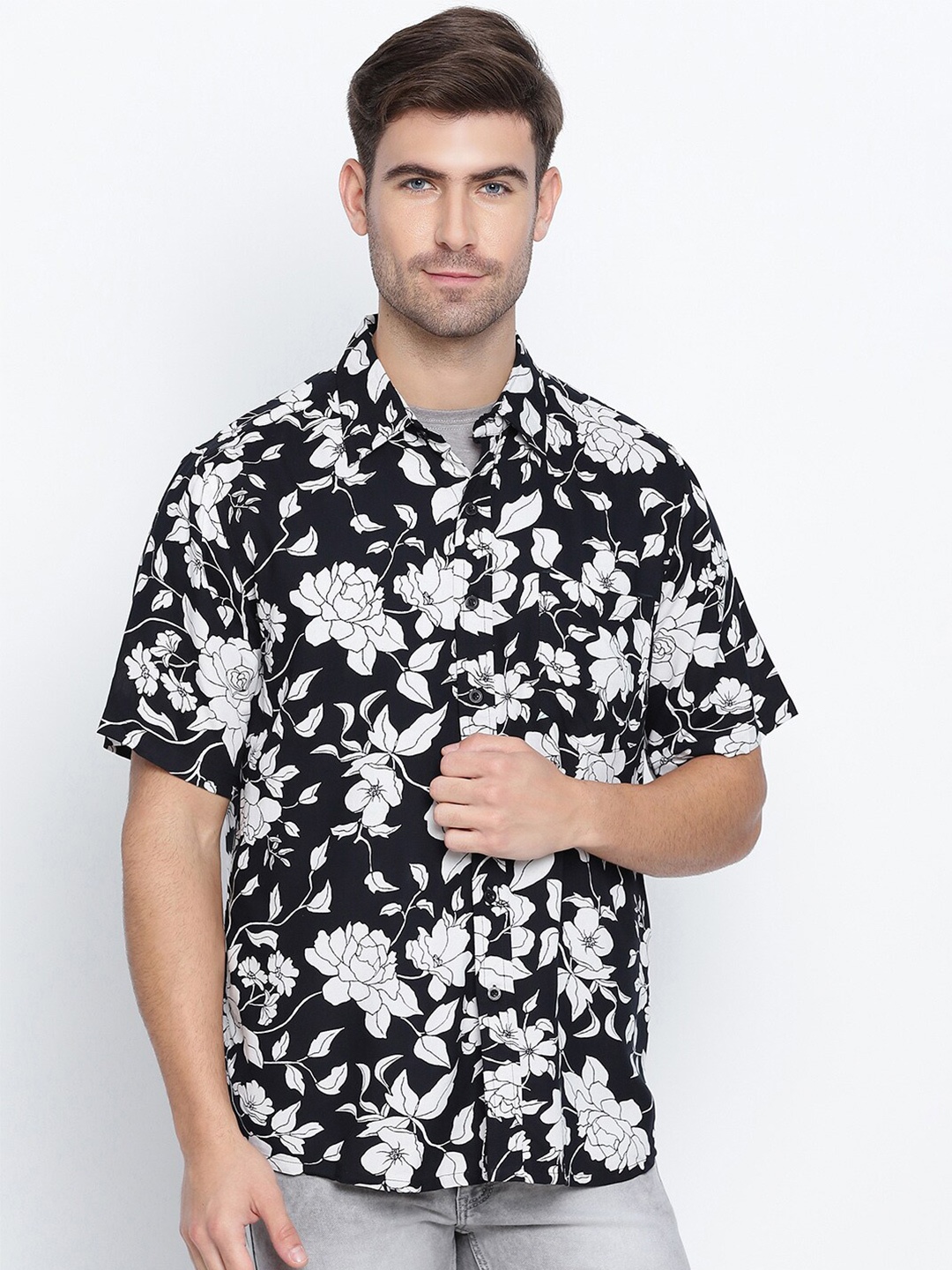 

Oxolloxo Men Black Classic Floral Semi Sheer Printed Casual Shirt