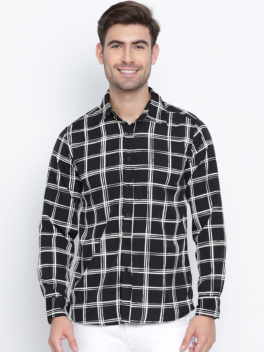 

Oxolloxo Men Black Classic Windowpane Checks Semi Sheer Checked Casual Shirt