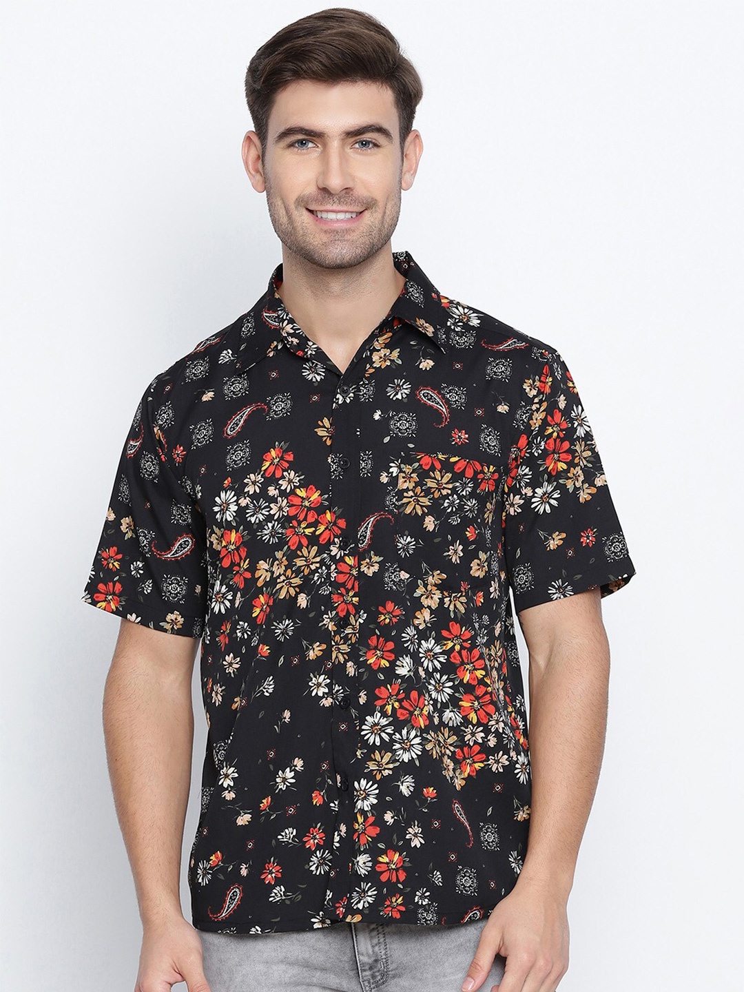 

Oxolloxo Men Black Classic Floral Semi Sheer Printed Casual Shirt