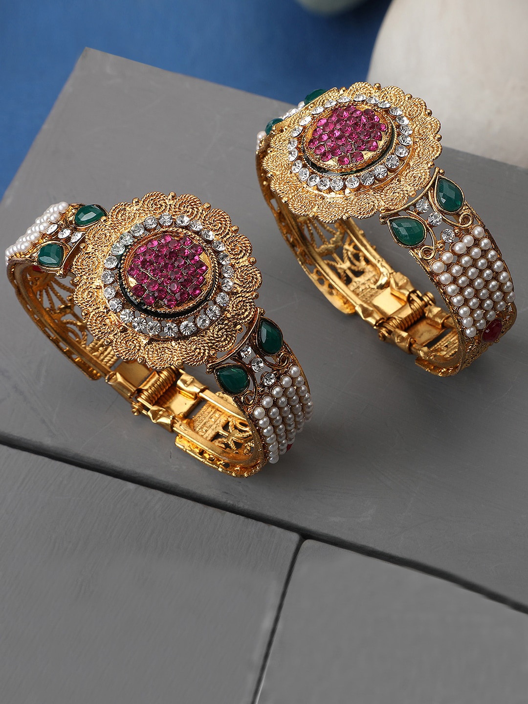 

ANIKAS CREATION Women Set Of 2 Gold-Plated & Pink Brass Kada Bracelet