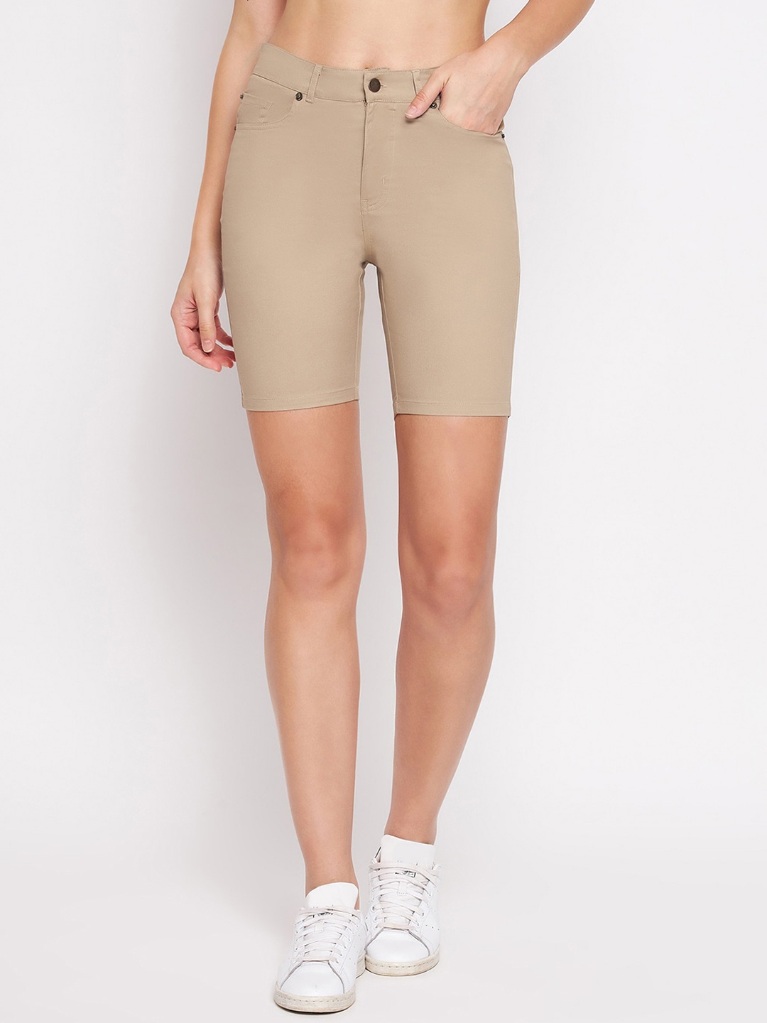 

Hypernation Women Skinny Fit High-Rise Shorts, Beige