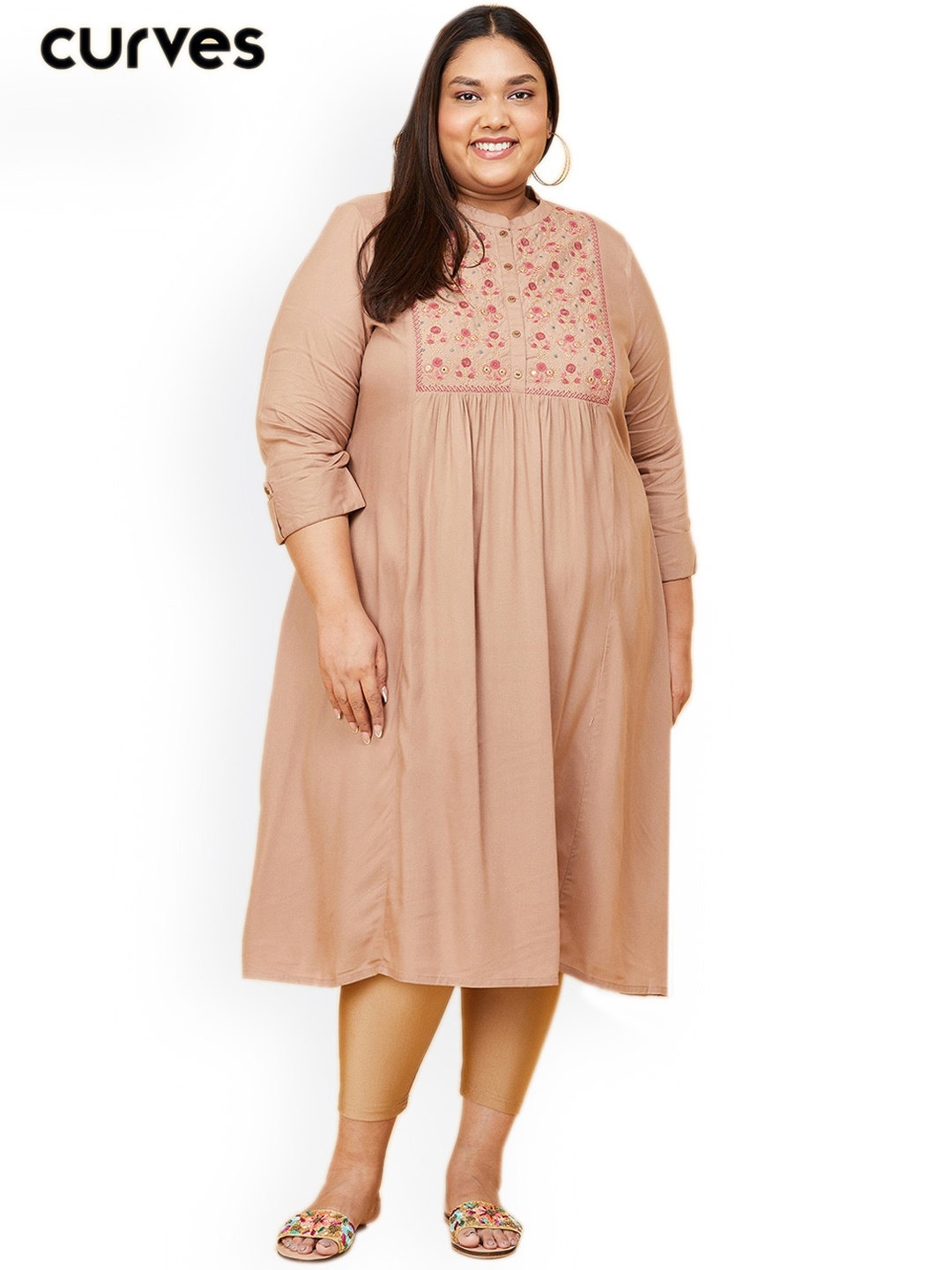 

max Women Taupe Yoke Design Thread Work Anarkali Kurta