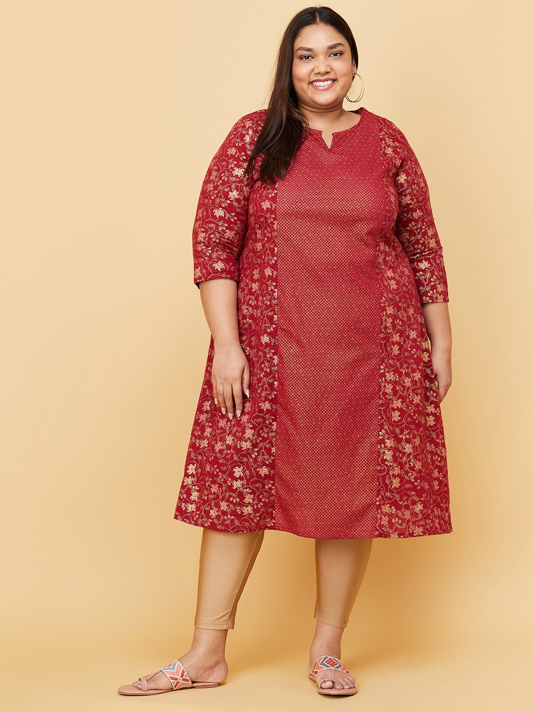 

max Women Red Ethnic Motifs Printed Keyhole Neck Thread Work Cotton Kurta