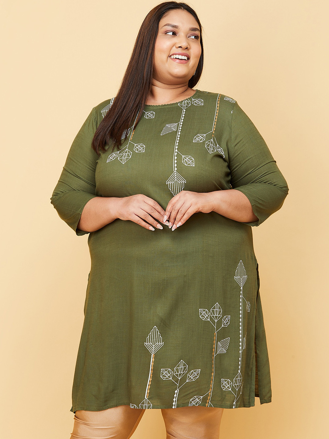 

max Women Olive Green & White Ethnic Motifs Embroidered Thread Work Kurta