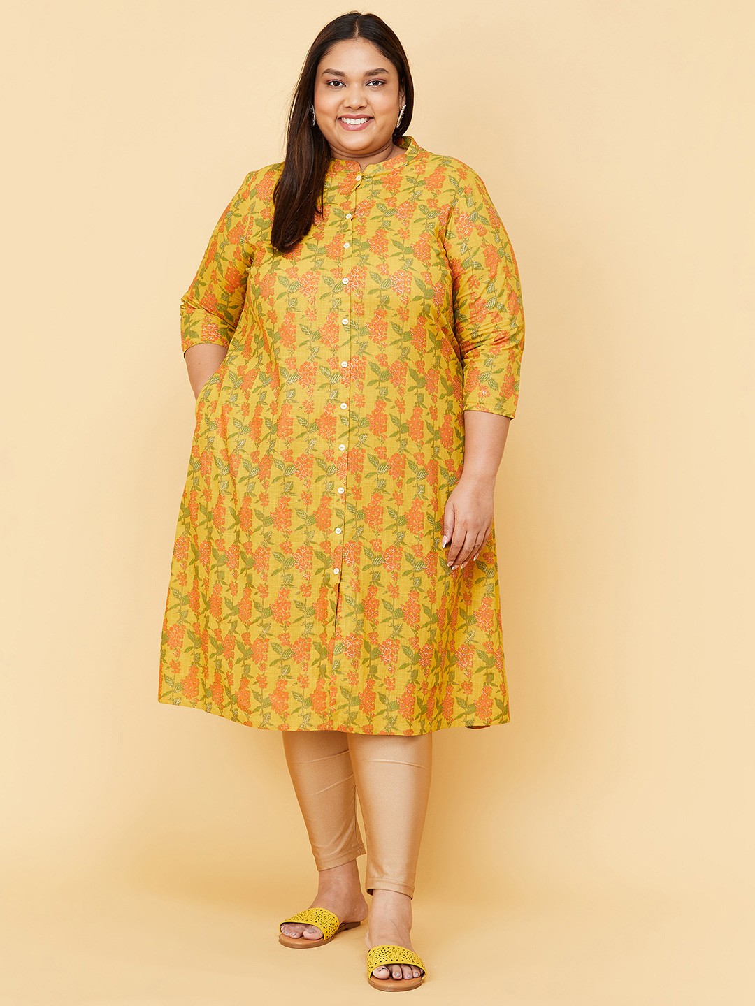 

max Women Yellow Plus Size Floral Printed Mandarin Collar Kurta