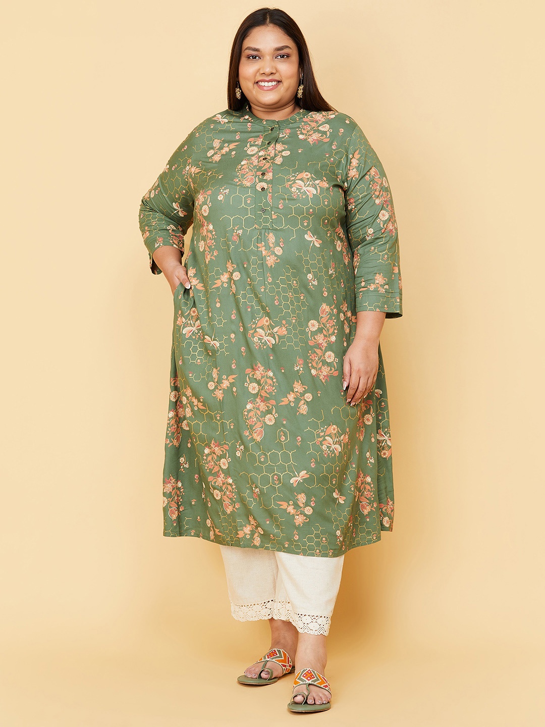 

max Women Plus Size Green Floral Printed Kurta