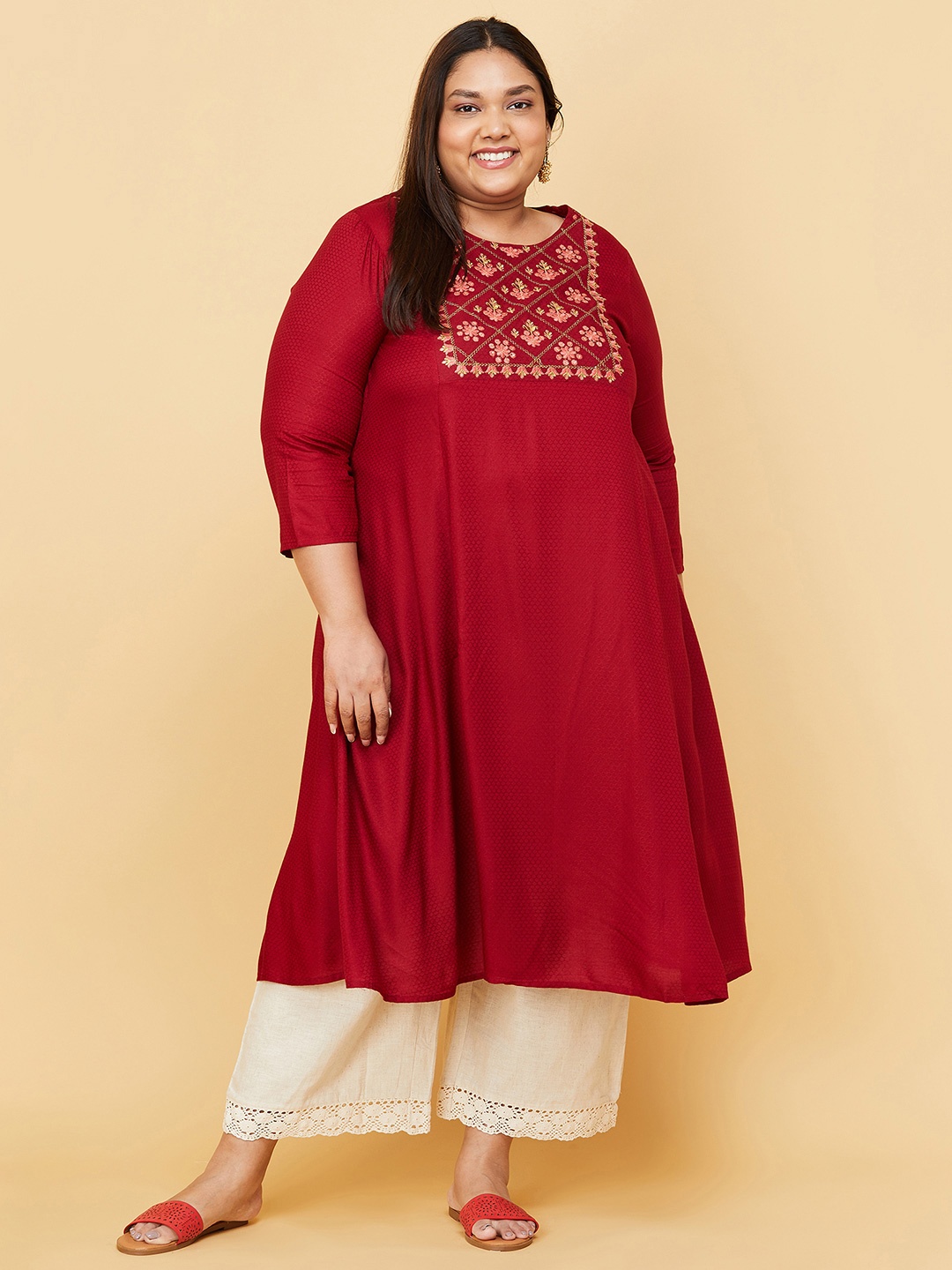 

max Women Plus Size Red Yoke Design Thread Work A-Line Kurta