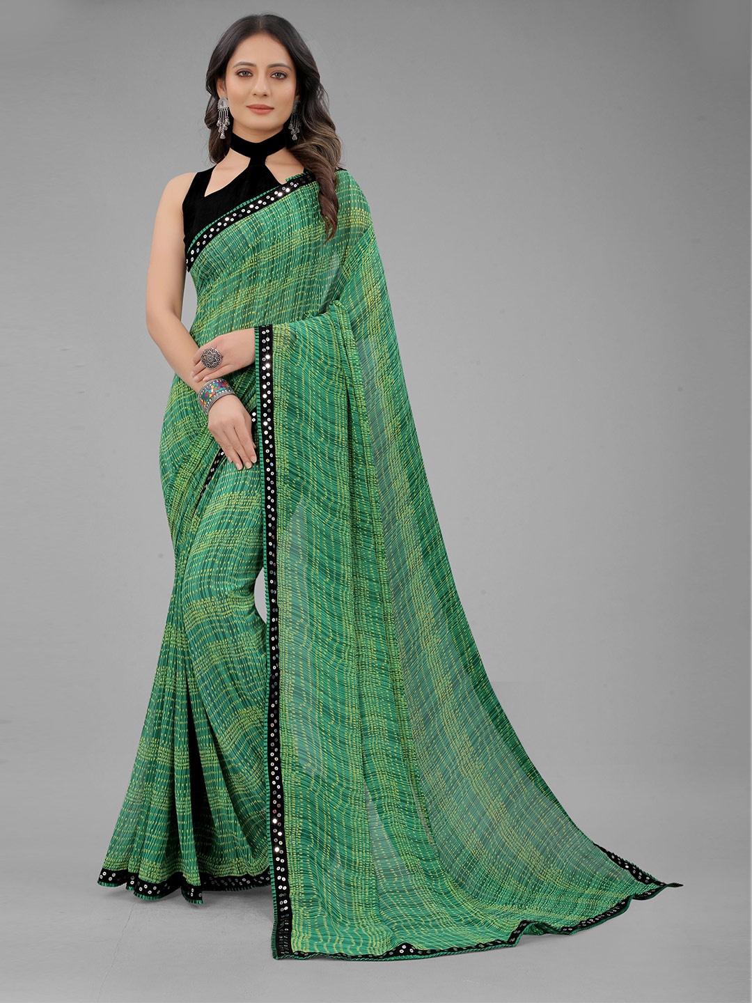 

FASHDEAL Green & Black Striped Sequinned Pure Georgette Saree