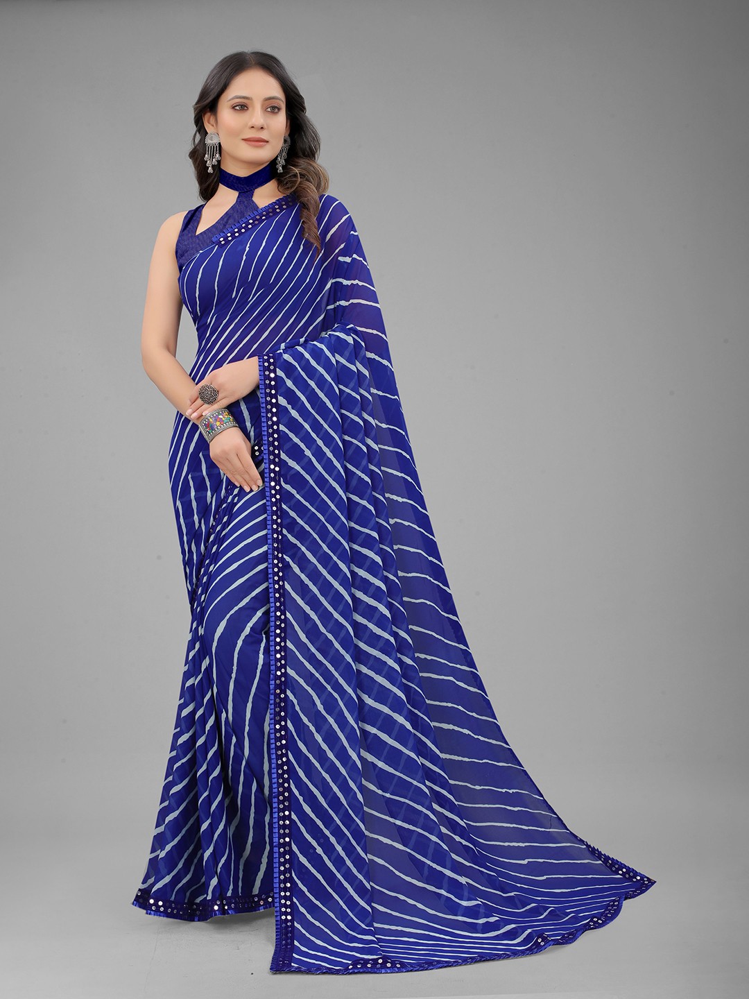 

FASHDEAL Blue & Off White Leheriya Sequinned Pure Georgette Saree