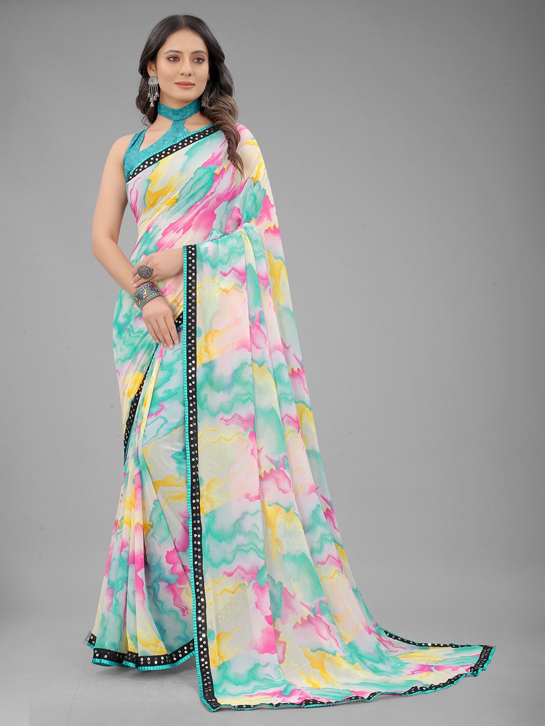 

FASHDEAL Coral & Pink Sequinned Pure Georgette Saree
