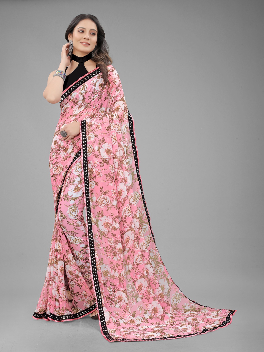 

FASHDEAL Pink & Brown Floral Sequinned Pure Georgette Saree With Sequence Lace