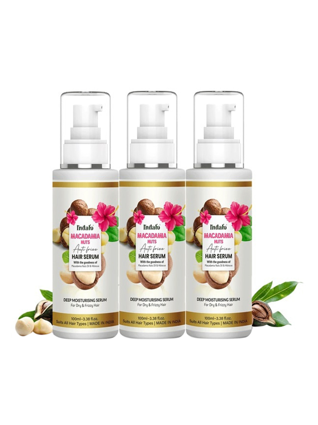 

INDALO Pack Of 3 Macadamia Nuts Oil & Hibiscus Anti-Frizz Hair Serum - 300ml, Transparent