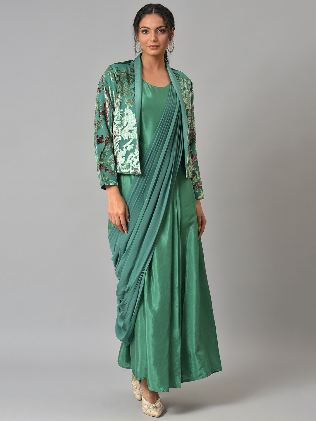 

WISHFUL Green Chiffon Ethnic Maxi Dress