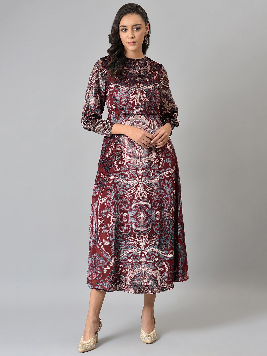 

WISHFUL Red Ethnic Motifs Chiffon A-Line Midi Dress