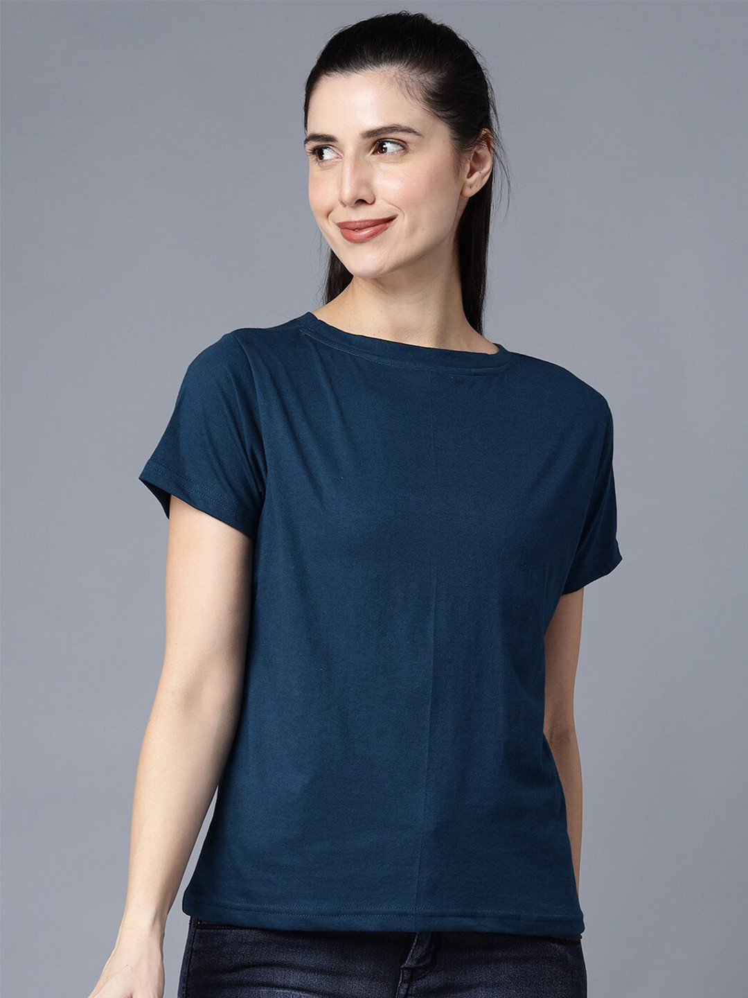 

THE EG STORE Women Navy Blue Back Design T-shirt
