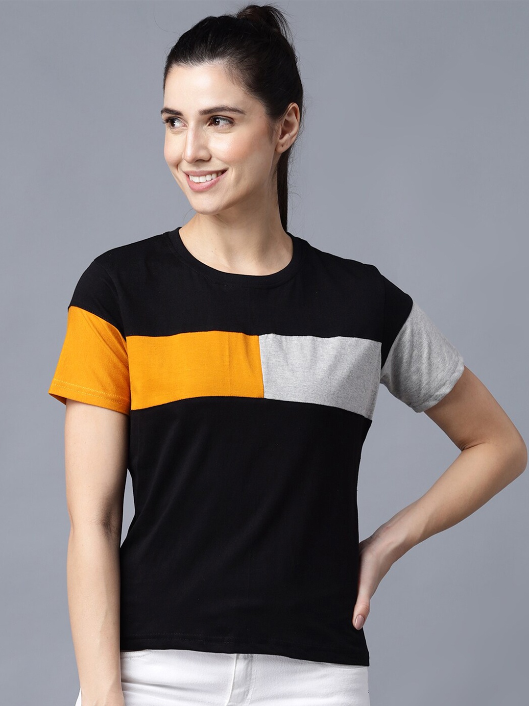 

THE EG STORE Women Black & Yellow Colourblocked T-shirt