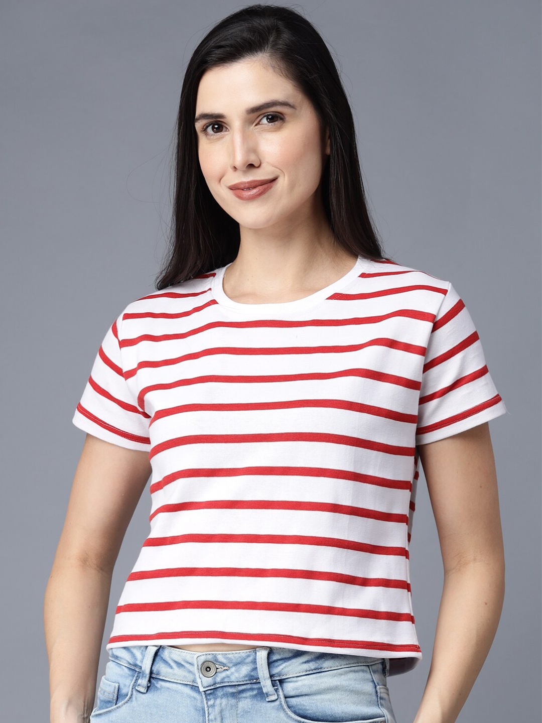 

THE EG STORE Women Red & White Striped Crop T-shirt