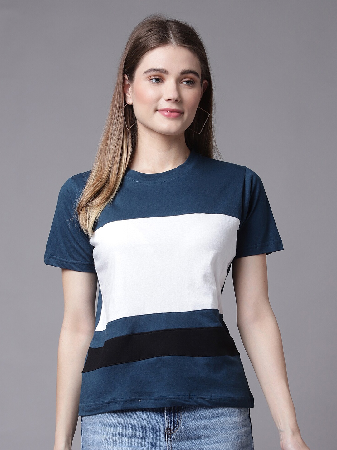 

THE EG STORE Women Blue Striped T-shirt