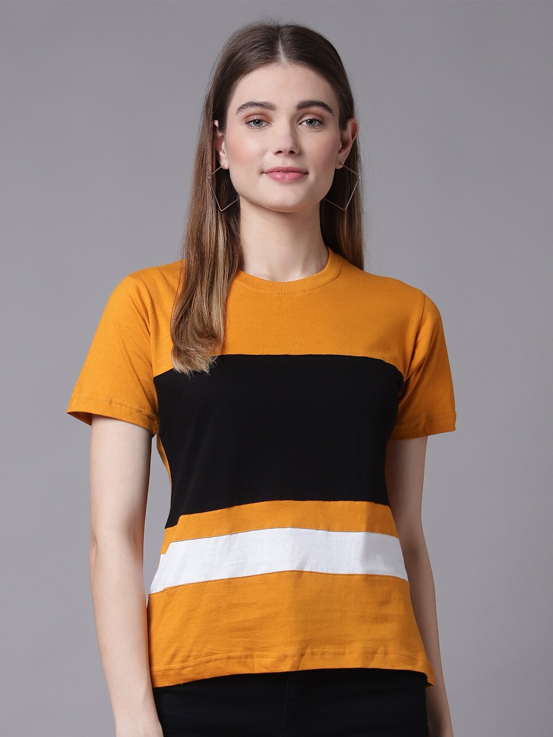 

THE EG STORE Women Yellow & Black Colourblocked CottonT-shirt