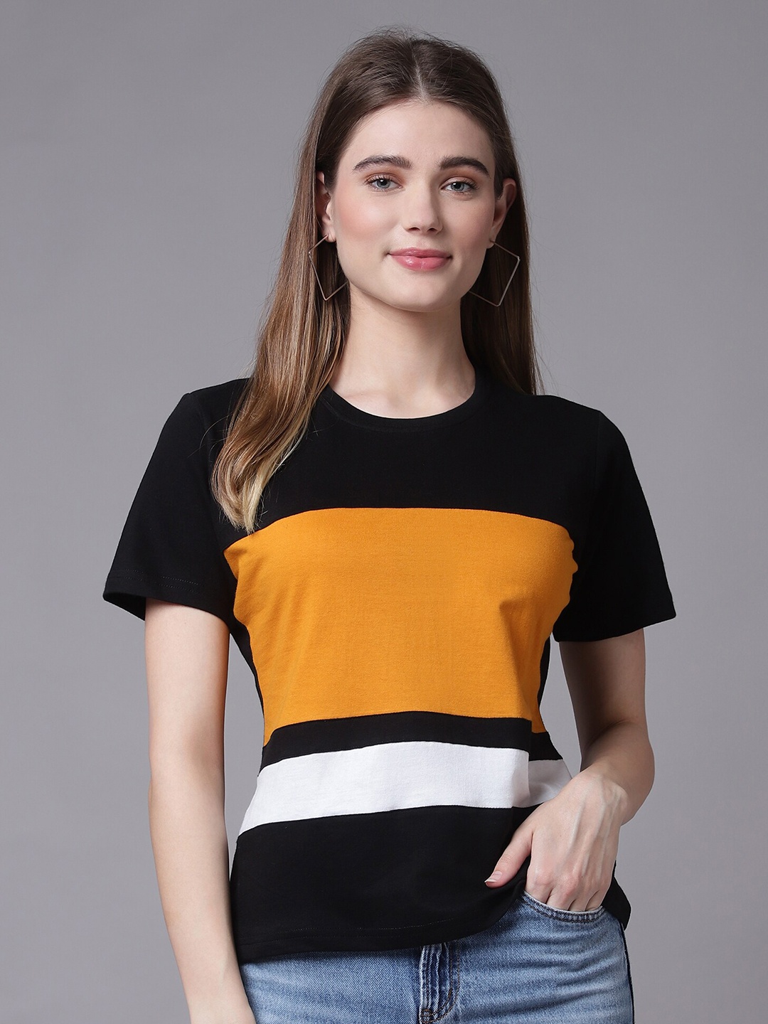 

THE EG STORE Women Black Colourblocked T-shirt