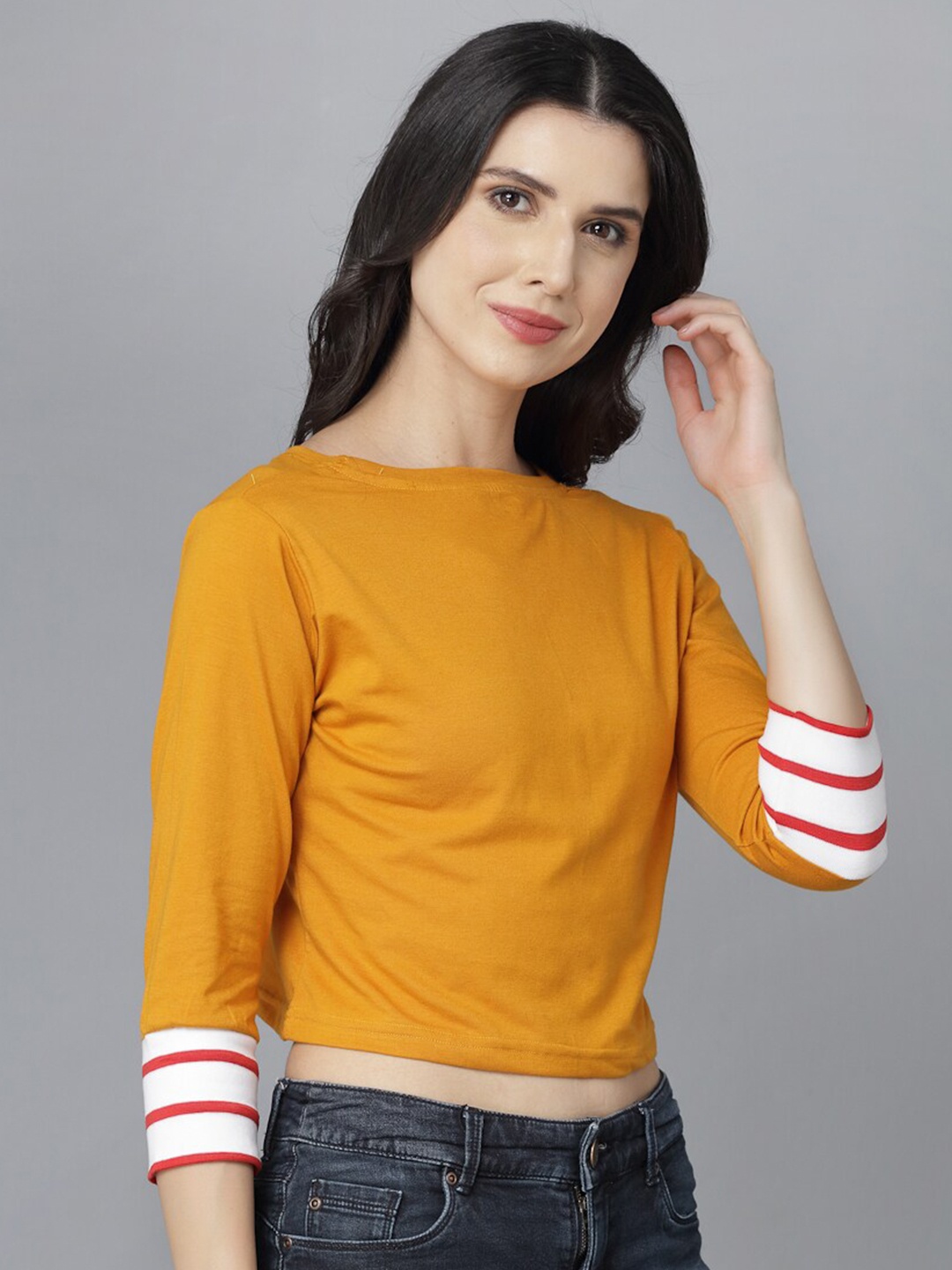 

THE EG STORE Women Yellow & White Striped T-shirt