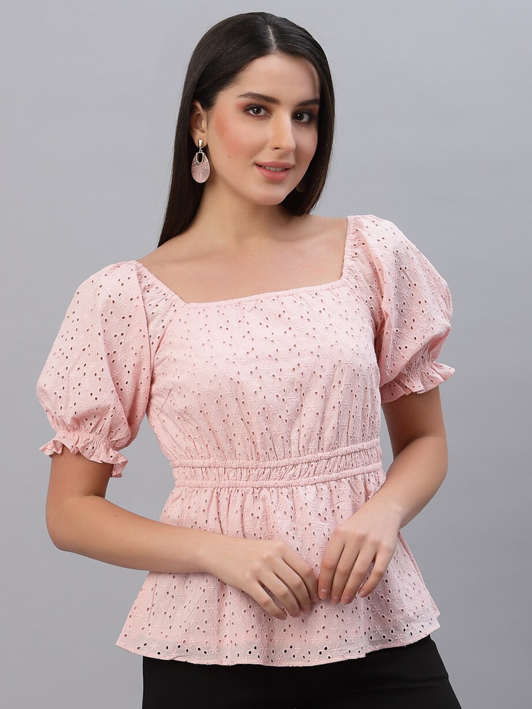 

RAASSIO Women Pink Pure Cotton Schiffli Cinched Waist Top