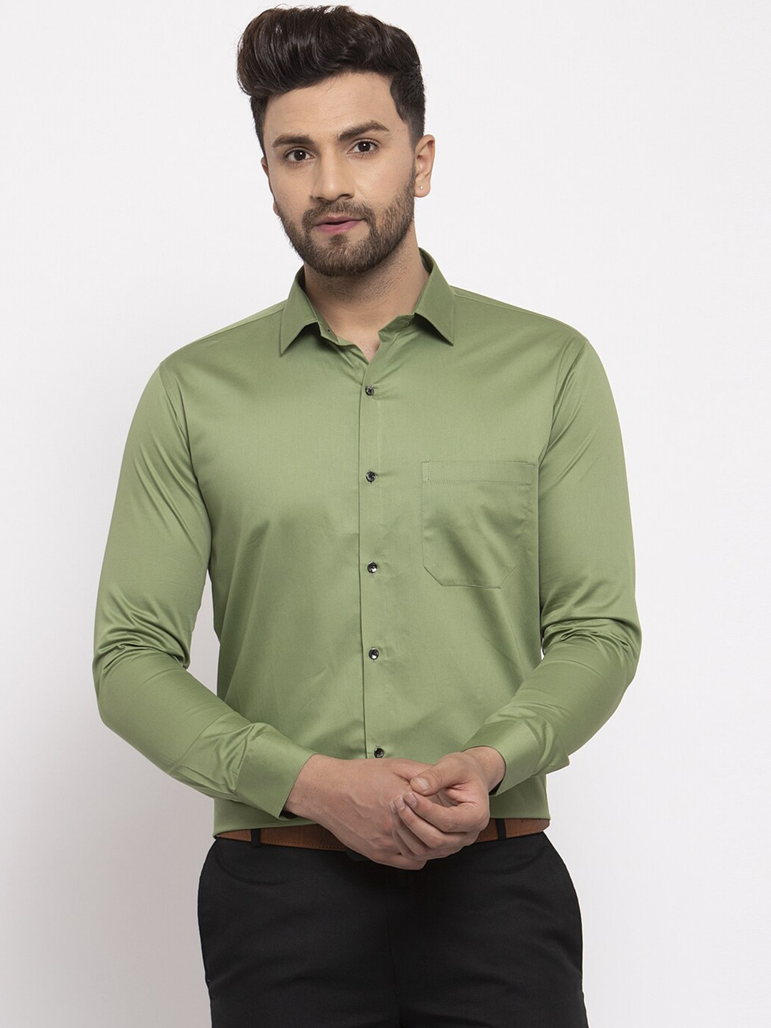 

JAINISH Men Olive Green Classic Formal Shirt