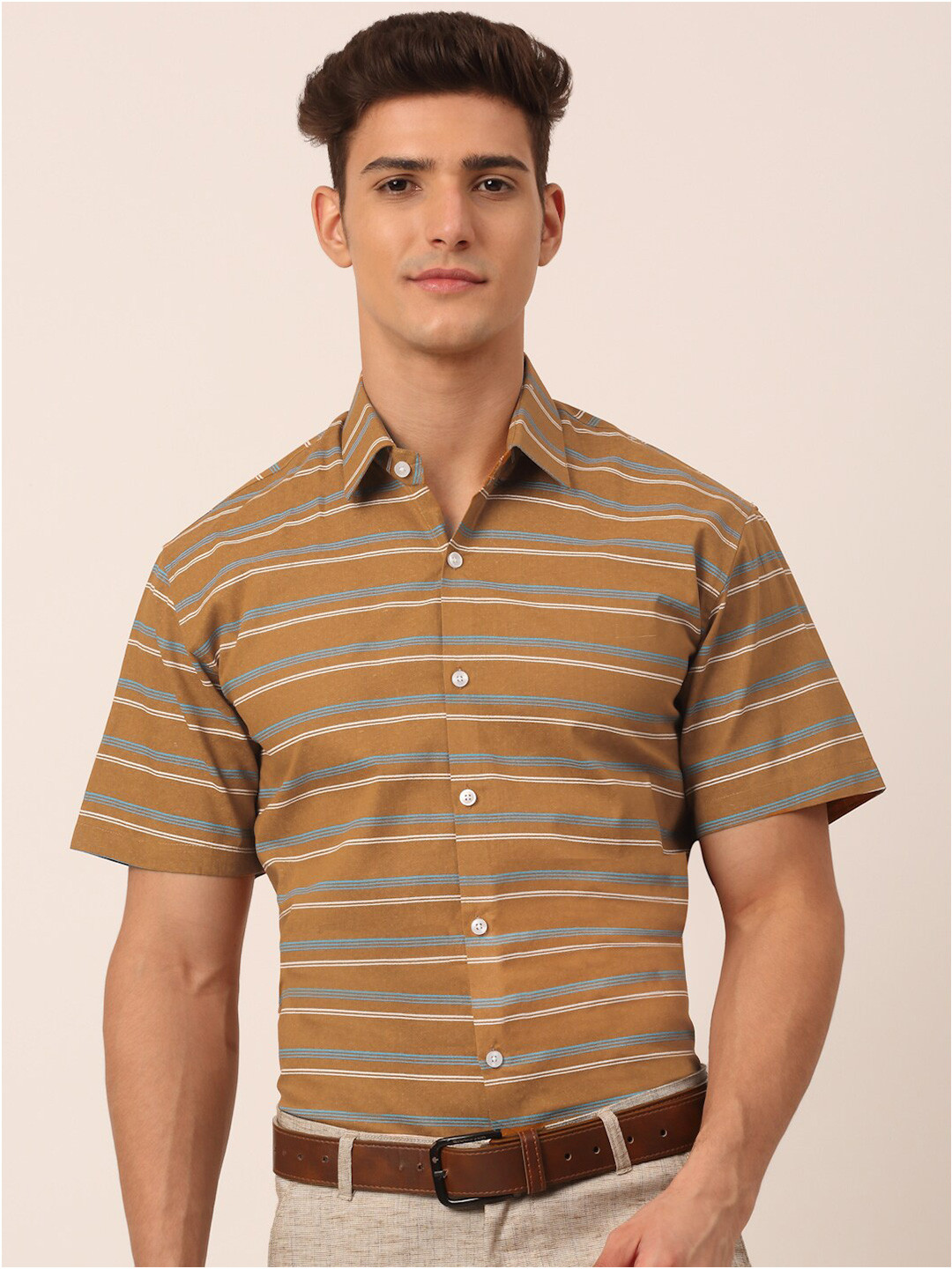 

JAINISH Men Mustard Classic Horizontal Striped Cotton Formal Shirt