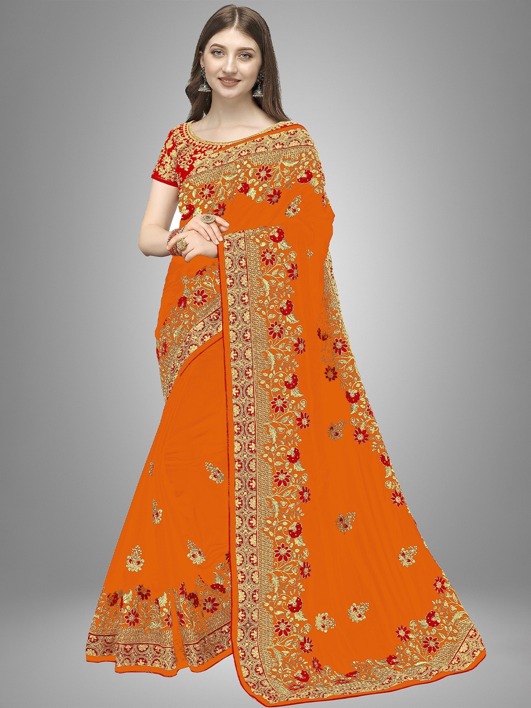 

Trendmalls Orange & Gold-Toned Floral Embroidered Silk Blend Saree