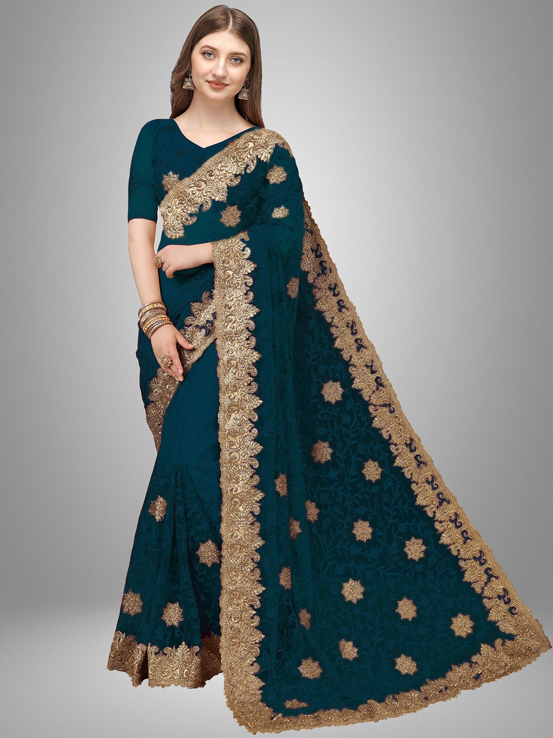 

Trendmalls Sea Green & Gold-Toned Floral Embroidered Net Saree