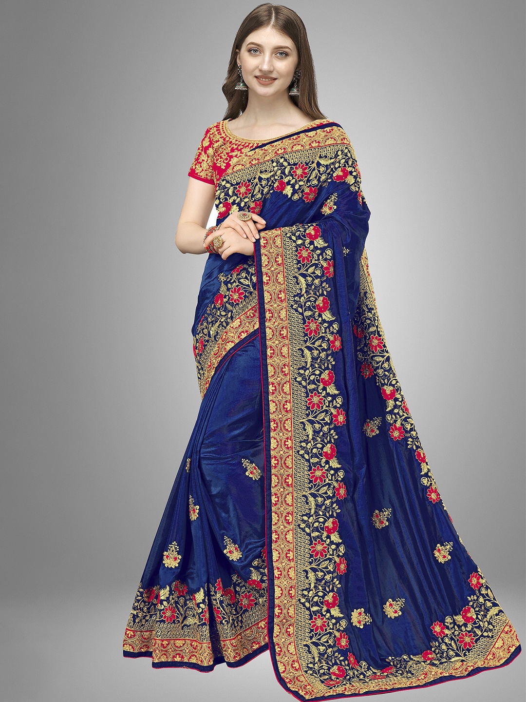 

Trendmalls Blue & Gold-Toned Floral Embroidered Silk Blend Saree