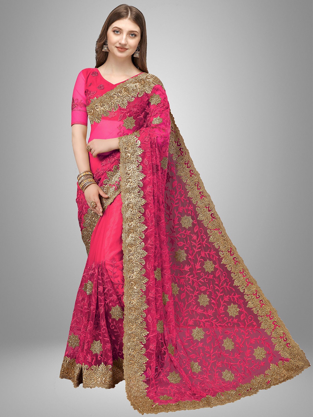 

Trendmalls Pink & Gold-Toned Floral Embroidered Net Saree
