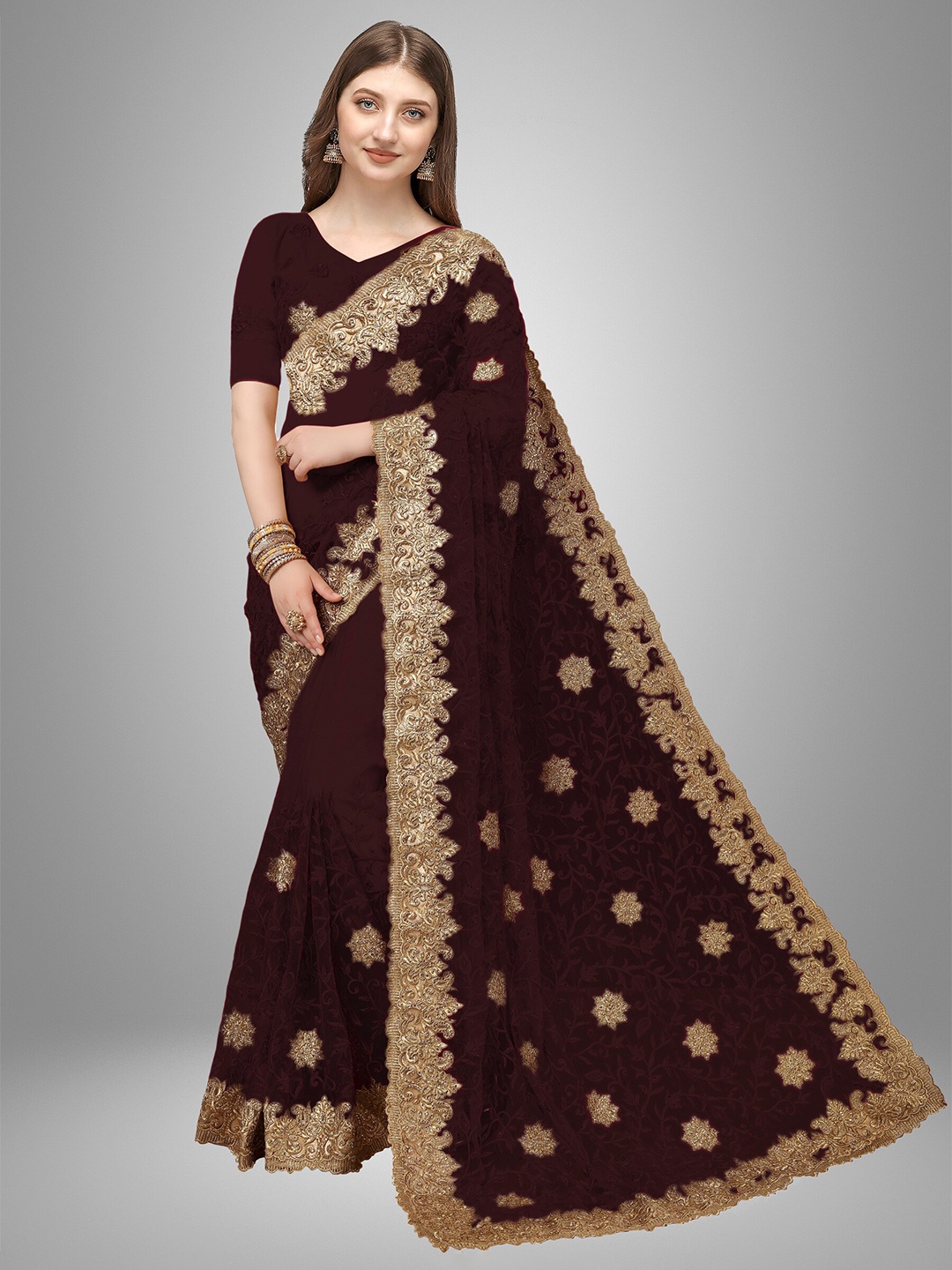 

Trendmalls Brown & Gold-Toned Floral Embroidered Net Heavy Work Saree