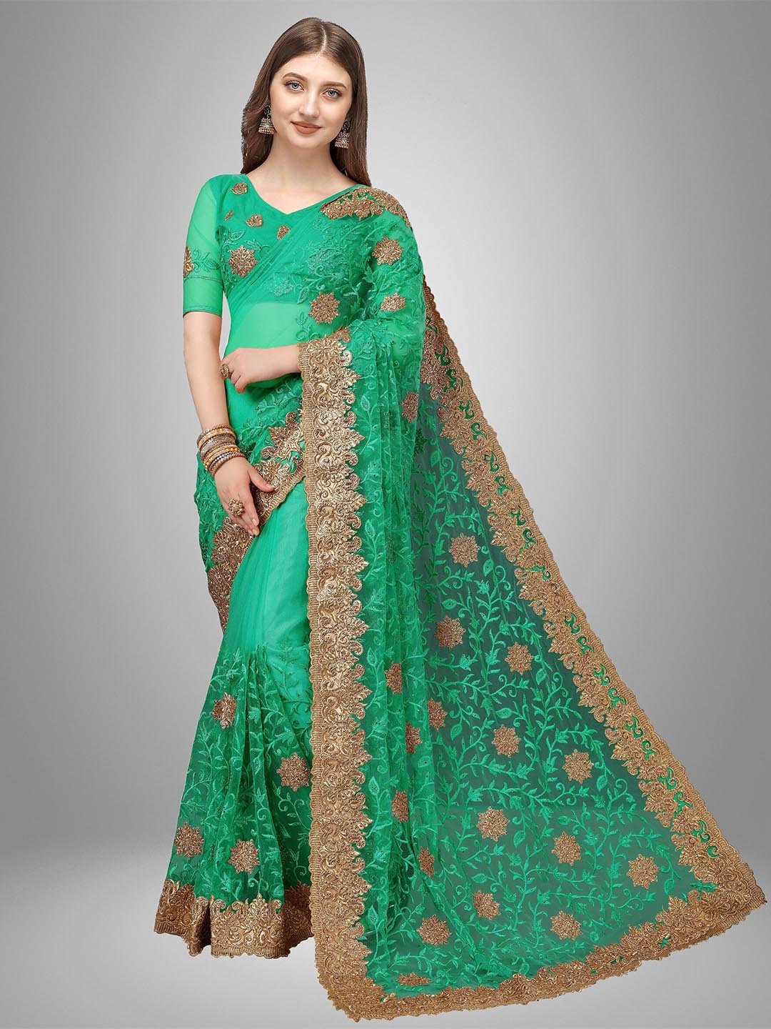 

Trendmalls Green & Gold-Toned Floral Embroidered Net Saree