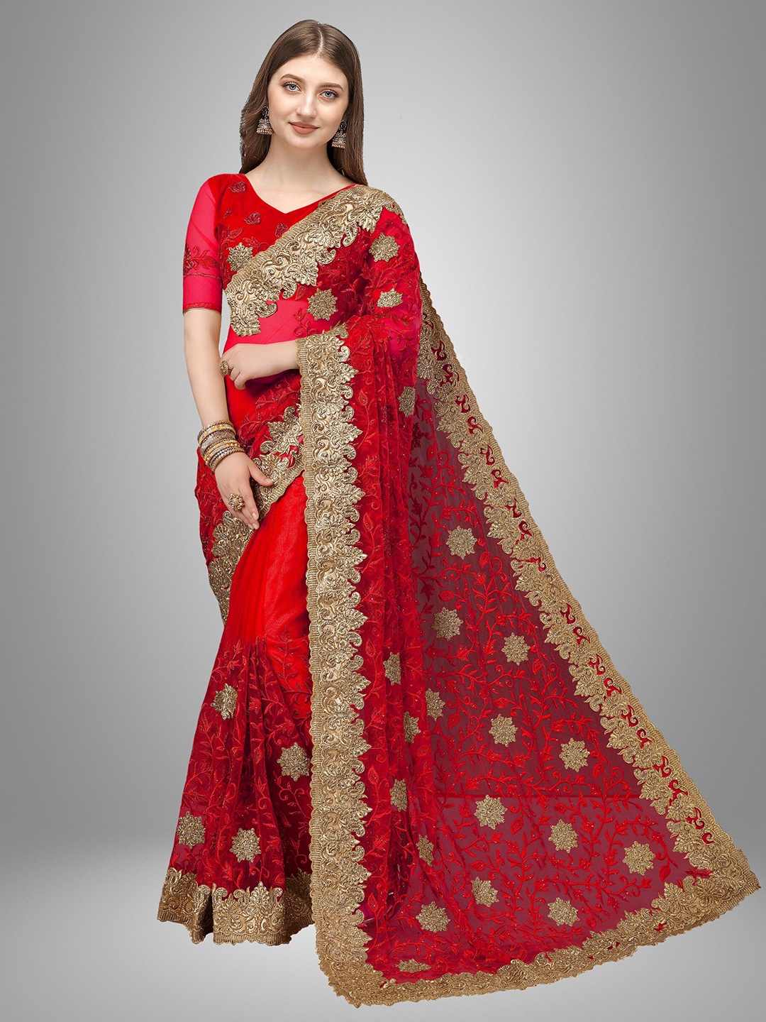 

Trendmalls Red & Gold-Toned Floral Embroidered Net Saree