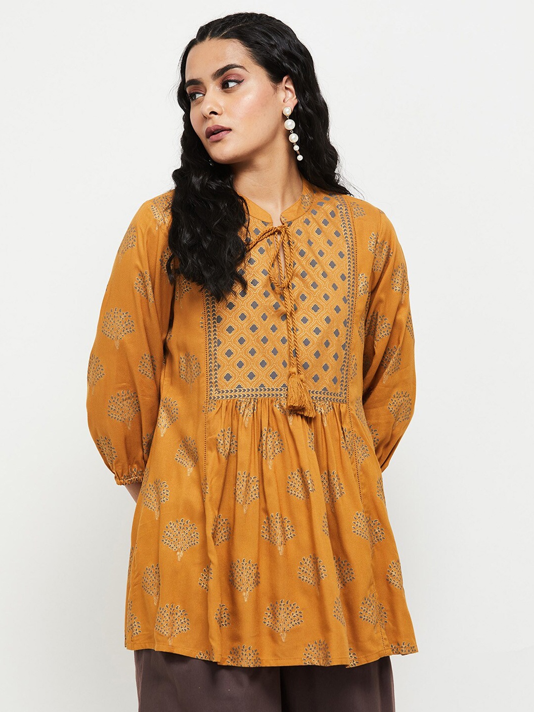 

max Mustard & Blue Mandarin Collar Printed Tunic